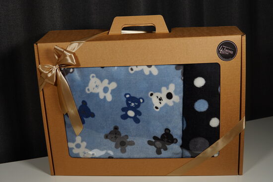 Flīsa pleds un spilvena komplekts - Lāči uz zila fona